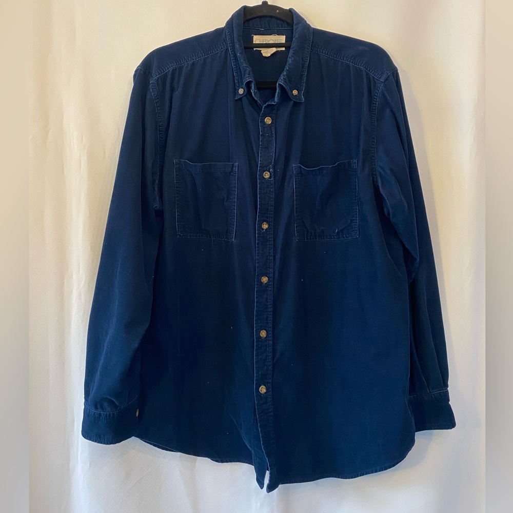 Cherokee Men's Dark Academia 100% Cotton Blue Corduroy Button Down Oxford Shirt